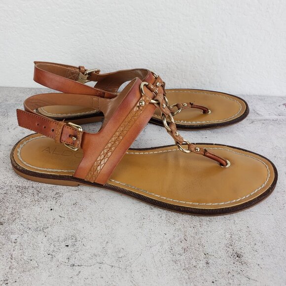 ALDO Brown Leather Flat Thong Sandals Slingback size US 9 EU 40 Boho Resortwear - Picture 2 of 11